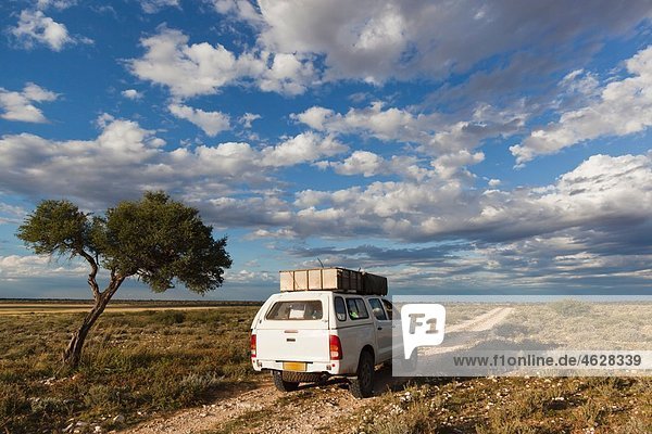Afrika  Botswana  Mabuasehube  Blick auf 4x4 Fahrzeug in der Kalahari