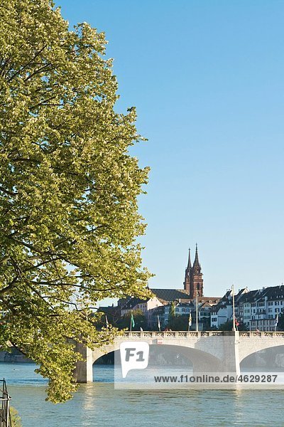 Switzerland  Basel  bridge over Rhine river with Basel Cathedral in background