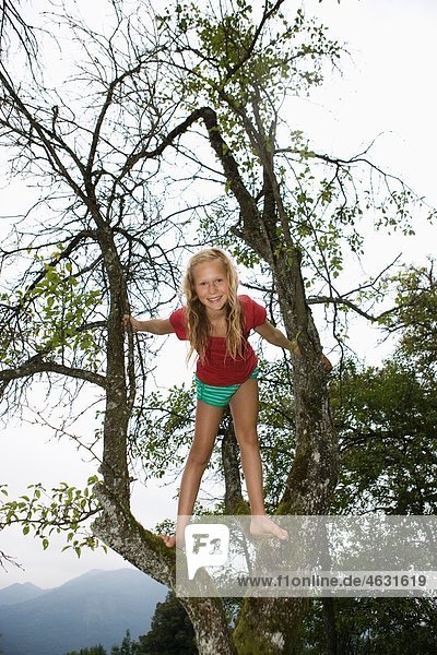Österreich  Mondsee  Mädchen (12-13 Jahre) auf Baum  Portrait  lächelnd