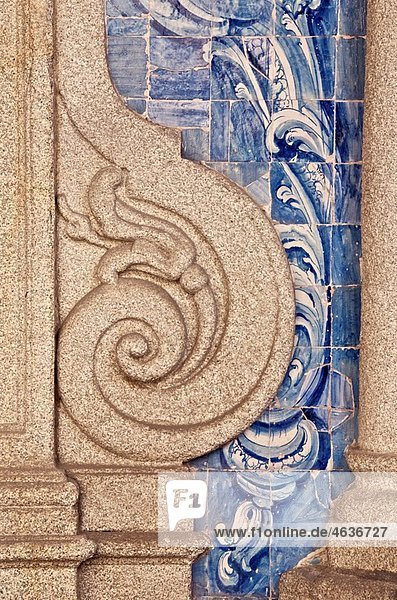 Typical azulejos  earthenware tiles  cloister of Se cathedral  detail  Porto  Portugal