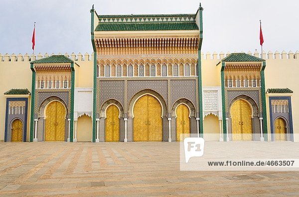 Dar El Makhzen Royal Palace from Place des Alaouites with brass doors in Fes el Jadid Morocco