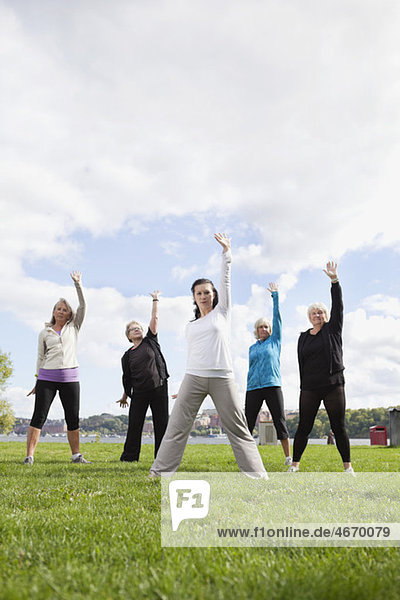 Fünf Frauen trainieren im Park