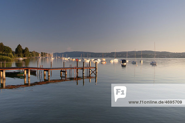 Pier with buoys in Dingelsdorf on Lake Constance  Baden-Wuerttemberg  Germany  Europe