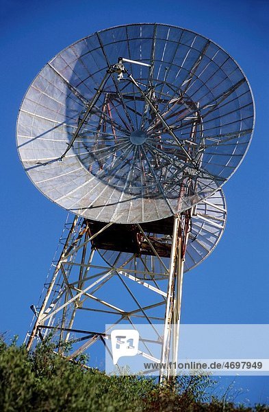 Satellite dish on a communications tower  Bastia  Corsica  France