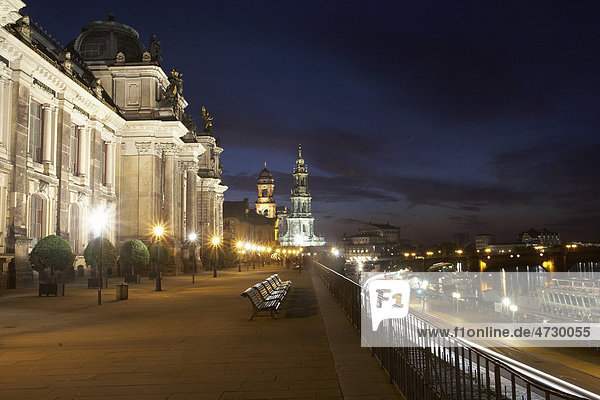 Bruehl's Terrace night scene Dresden Academy of Fine Arts Sekundogenitur building Staendehaus building Catholic Hofkirche church and Semper opera house Elbe river Dresden Saxony Germany Europe