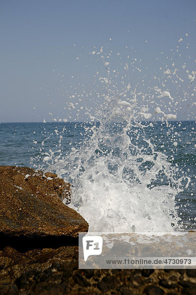 Sea spray  Mediterranean coast in Sitges  Parc National del Garraf  Costa Dorado  Spain  Europe