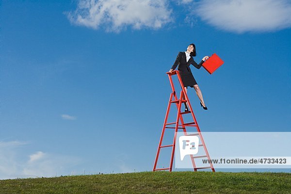 Businesswoman with red briefcase standing on ladder