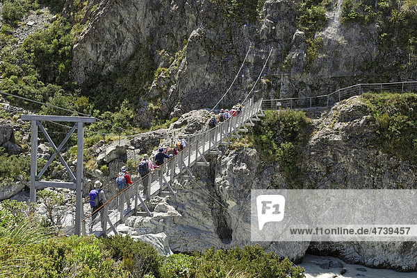 Pedestrian suspension bridge over the Hooker River  Hooker Valley Walk  Mount Cook National Park  South Island  New Zealand