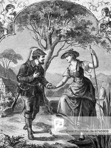 Fischermädchen und Jäger  historische Illustration  1877