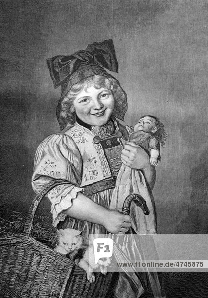 Child ready for a trip  with umbrella  puppet and basket with cats  historical illustration circa 1893