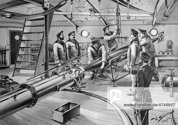 Einführen eines Torpedo in das Lancierrohr  historisches Bild  ca. 1893