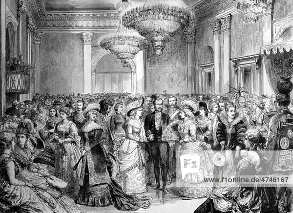 Kostümfest in der Stadthalle  gegeben vom Bürgermeister von Liverpool  England  historisches Bild  1884