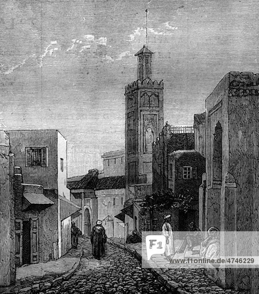 A mosque and street in Tangier  Morocco  historic image  1883