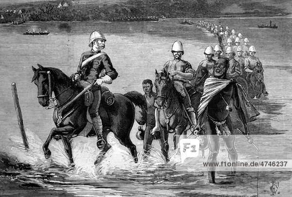 Wiederherstellung von Catewayo  Militäreskorte beim Überschreiten des Tugela Flusses in Südafrika auf dem Weg zu einem Treffen mit dem König  historische Illustration  1883