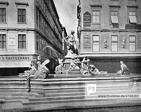 Eine der ersten Autotypien von einem neuen Marktbrunnen  Wien  Österreich  historisches Foto  1884
