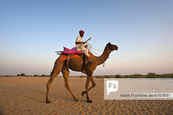 Ein Inder  mit traditionellem Dhoti und Turban bekleidet  reitet auf seinem Kamel durch die Wüste  Wüste Thar  Rajasthan  Indien  Asien