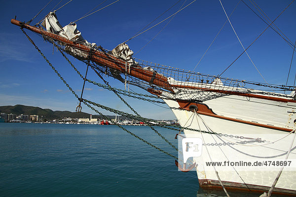 Tall ship  schooner  bow and boom detail  moored at the Ibiza harbour  Ibiza  Spain  Europe
