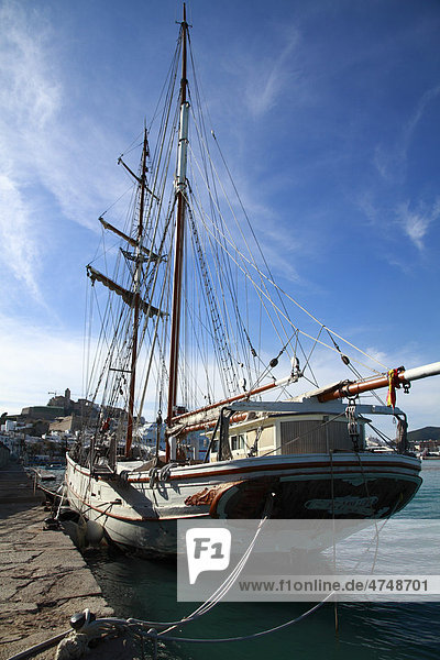 Tall ship  schooner  moored at the Ibiza harbour  Ibiza  Spain  Europe