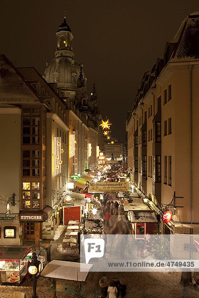 Christmas market next to the Frauenkirche Church  Muenzgasse street  Dresden  Saxony  Germany  Europe