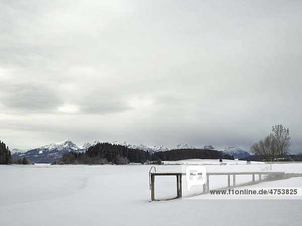 Illasbergsee zugefroren  mit Blick zur Gehrenspitze und zur Köllenspitze  Ostallgäu  Bayern  Deutschland  Europa
