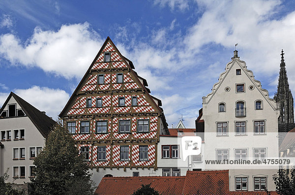 Altes Giebelhaus mit roten Rauten bemalt  rechts das Ulmer Münster  von der Stadtmauer aus  Ulm  Baden-Württemberg  Deutschland  Europa