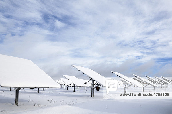 Mit Schnee bedeckte Fotovoltaikanlage  Oberrüsselbach  Mittelfranken  Bayern  Deutschland  Europa