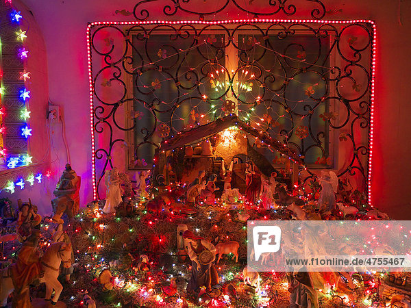 Illuminated nativity scene  Playa del Carmen  Yucatan  Mexico  America