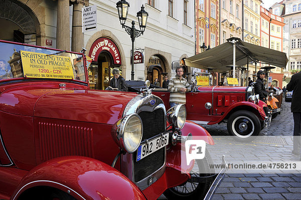 Vintage cars offered for sightseeing tours  Small Square  historic district  Prague  Bohemia  Czech Republic  Europe