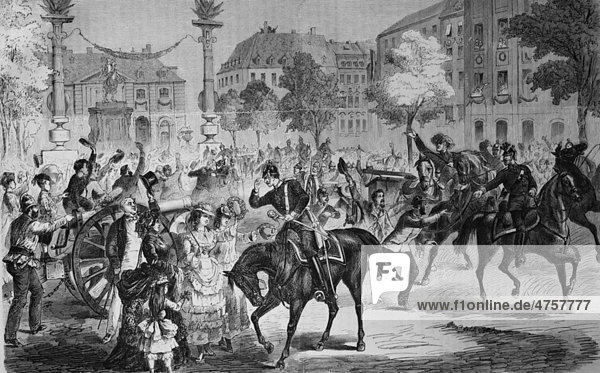 Die Truppeneinzugsfeier in Dresden am 11. Juli 1871  Begrüßung der Artillerie in der Neustadt  Illustrierte Kriegschronik 1870 - 1871  Deutsch-französischer Feldzug