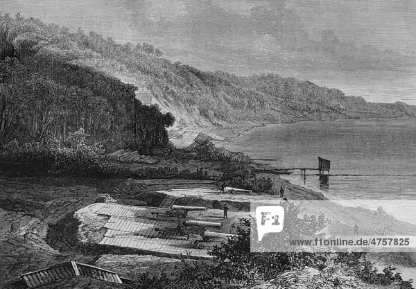 Artillery battery in the coastal forest at Moellenort near the Bay of Kiel  Germany  December 1870  historical illustration  Illustrierte Kriegschronik 1870 - 1871 illustrated chronicle of war  German-French campaign