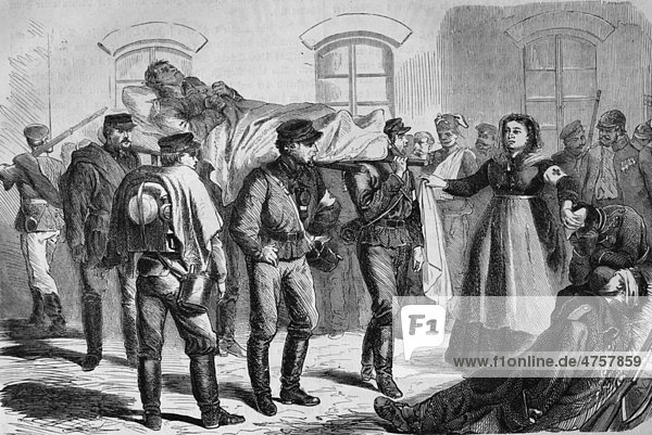 Verwundete auf dem Bahnhof in Saarbrücken  historische Illustration  Illustrierte Kriegschronik 1870 - 1871  Deutsch-französischer Feldzug