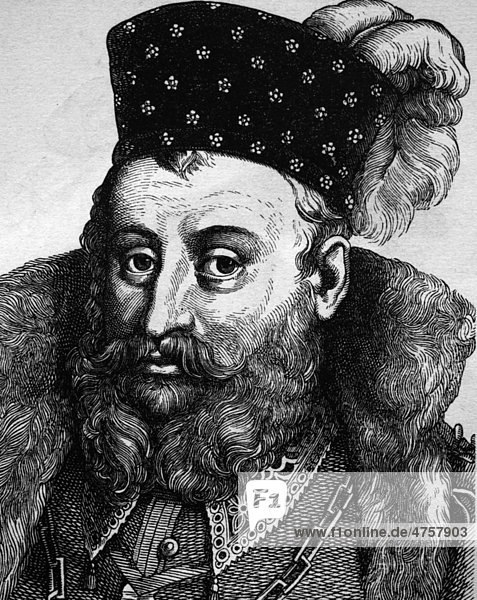 Johann Friedrich der Mittlere  Herzog zu Sachsen  Fürst der Wettiner  1529 - 1595  historische Illustration  Porträt  1880