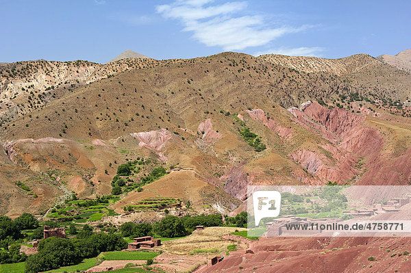 Flusstal mit kleinen Feldern und Dorf mit Lehmhäusern der Berber  Ait Bouguemez-Tal  Hoher Atlas  Marokko  Afrika