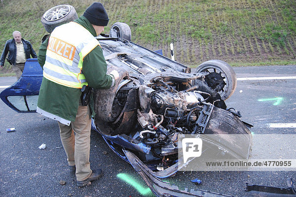 Severe accident on the B14 road the tires of the car were almost blank Waiblingen Baden-Wuerttemberg Germany Europe