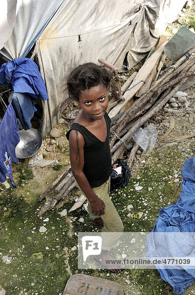 Girl in a camp for victims of the earthquake in January 2010  Bizozon district  Port-au-Prince  Haiti  Caribbean  Central America