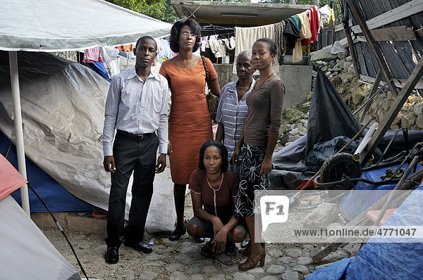 Middle-class family living in a tent camp for victims of the earthquake in January 2010  Turgeau district  Port-au-Prince  Haiti  Caribbean  Central America