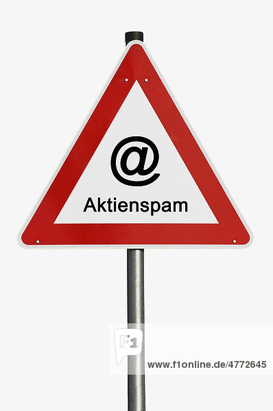 Gefahrenzeichen  Warnschild  @-Zeichen  Symbolbild Aktienspam  massenhafter Werbemailversand für Aktien