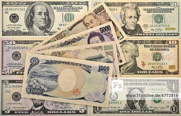 Symbolbild Wechselkurs US-Dollar Banknoten  Geldscheine  japanische Währung Yen  Fächer