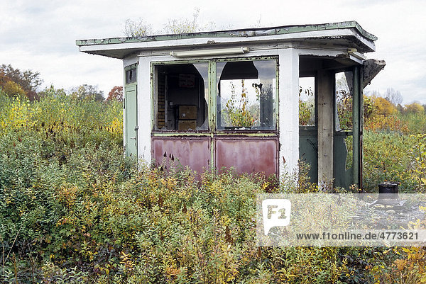 Run-down signal box at a former train repair centre overgrown closed in 2003 Wedau district Duisburg North Rhine-Westphalia Germany Europe