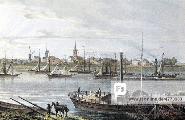 View of Ruhrort district about 1845 historic cityscape steel engraving created in the 19th century Duisburg North Rhine-Westphalia Germany Europe