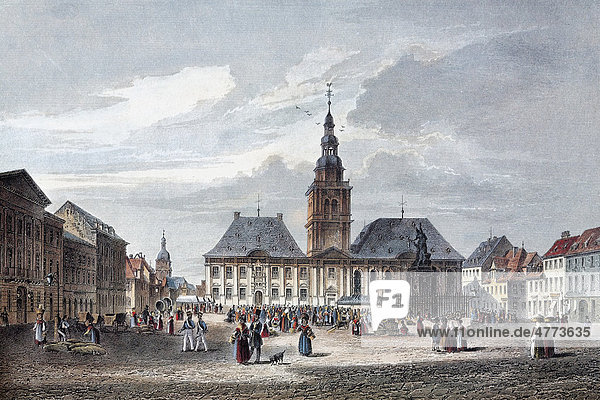 Mannheim  Marktplatz um 1840  historische Stadtansicht  Stahlstich aus dem 19.  Jh.  Baden-Württemberg  Deutschland  Europa
