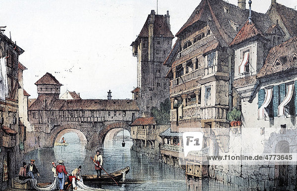 View of Nuremberg  Henkersteg bridge  about 1835  historic cityscape  lithograph created in the 19th century  Bavaria  Germany  Europe