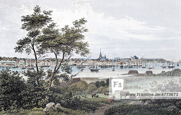 Kiel um 1855  historische Stadtansicht  Stahlstich aus dem 19. Jh.  Schleswig-Holstein  Deutschland  Europa