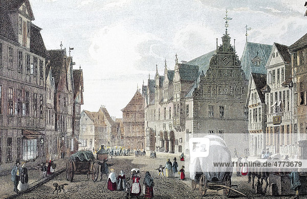 Celle in 1845  marketplace and Town Hall  historical townscape  steel engraving from the 19th Century  Lower Saxony  Germany  Europe