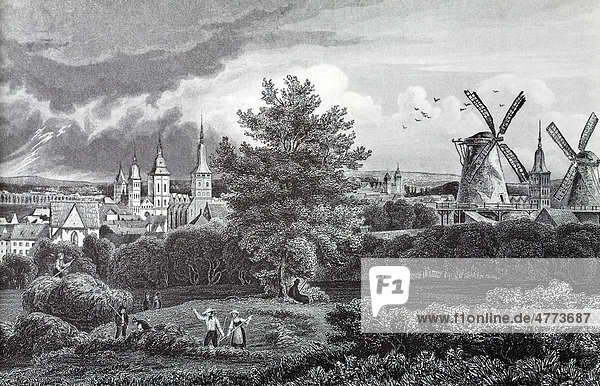 Osnabrueck in 1845  seen from Muse mountain  historical townscape  steel engraving from the 19th Century  Lower Saxony  Germany  Europe