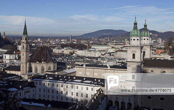 View over the city with Salzburg Cathedral and Franciscan church  Salzburg  Austria  Europe