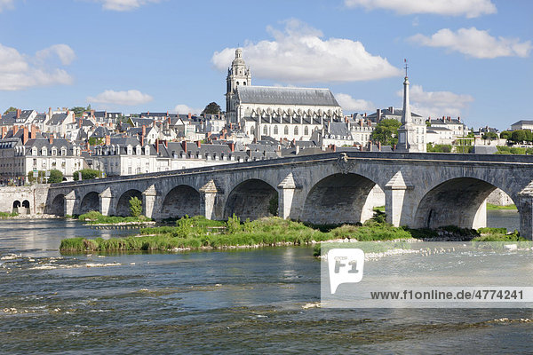 Stadtansicht von Blois mit Kathedrale und der Loirebrücke Pont Jacques Gabriel  Departement Loir et Cher  Frankreich  Europa