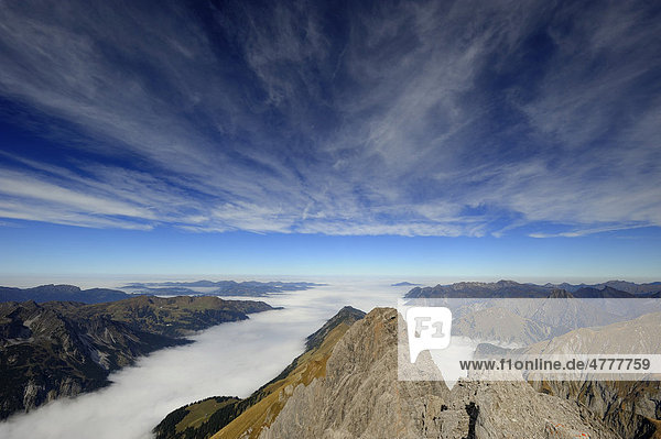 Gipfel vor Nebelmeer im Tal  Allgäuer Alpen  Kleinwalsertal  Vorarlberg  Österreich  Europa