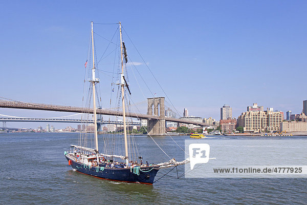 Sailing ship in front of Brooklyn Bridge  New York  USA