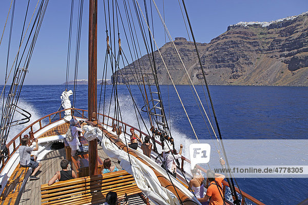 Boat tour  Thira  Santorini  Cyclades  Aegean Sea  Greece  Europe